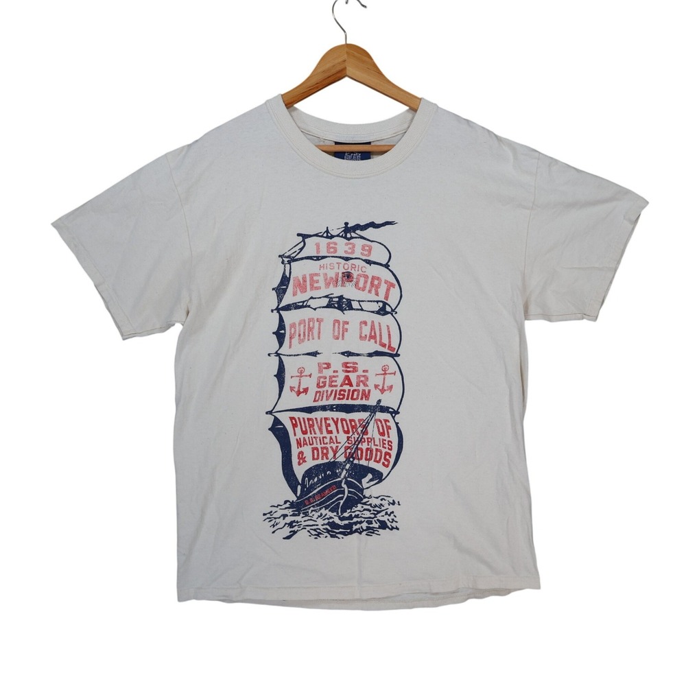 P.S. Gear Division T-Shirt Mens Large Cream Cotton Regular Fit Newport Nautical